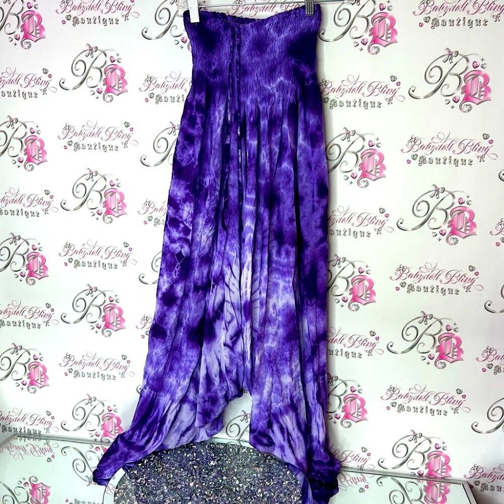 Harem pants Purple Tie-Dye stretch smocked with waist tie up detail